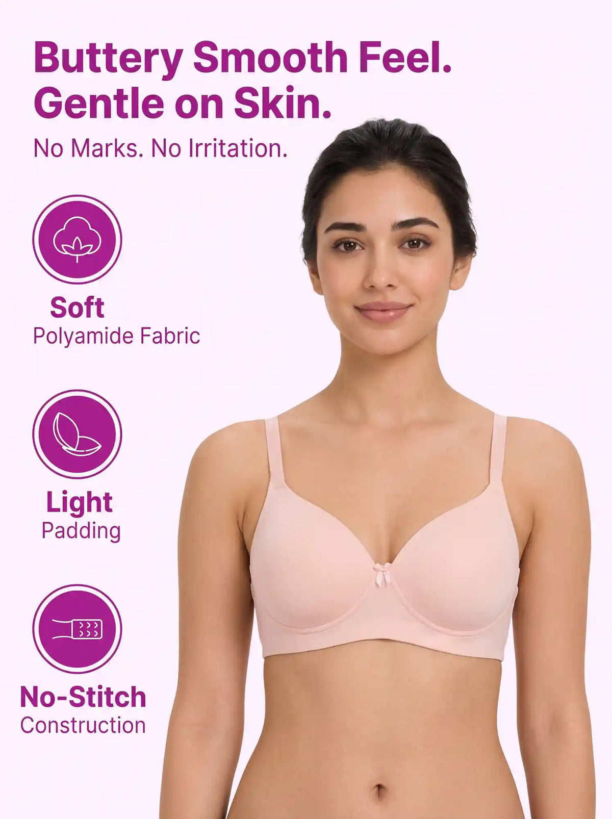 Polyamide Level-1 Padded Full Coverage Bonded T-Shirt Bra | Wire-free Comfort, No-Marks, No Rashes (SUS-5991) (Peach)
