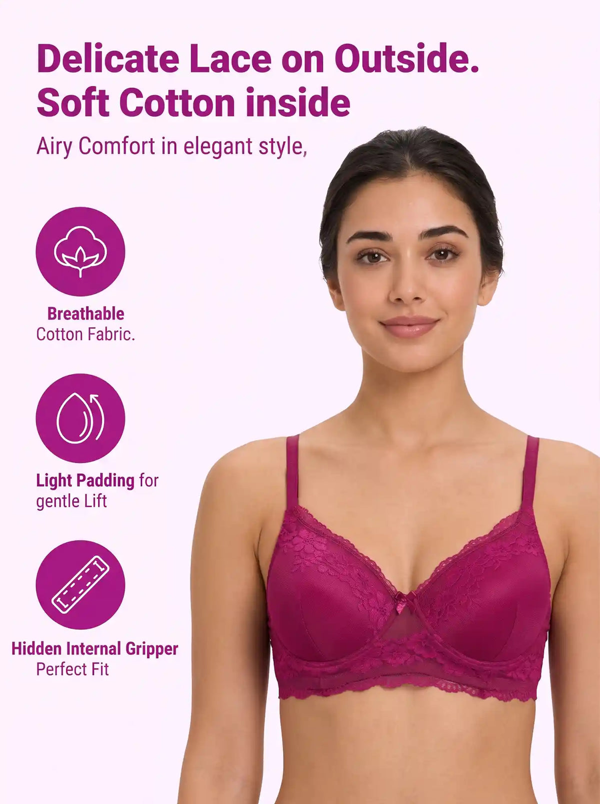 Cotton Padded Bonded Lace Bra | Inner Cotton Lining | Full Coverage | Wire-free Comfort (SUS-SB-5802) (Wine)