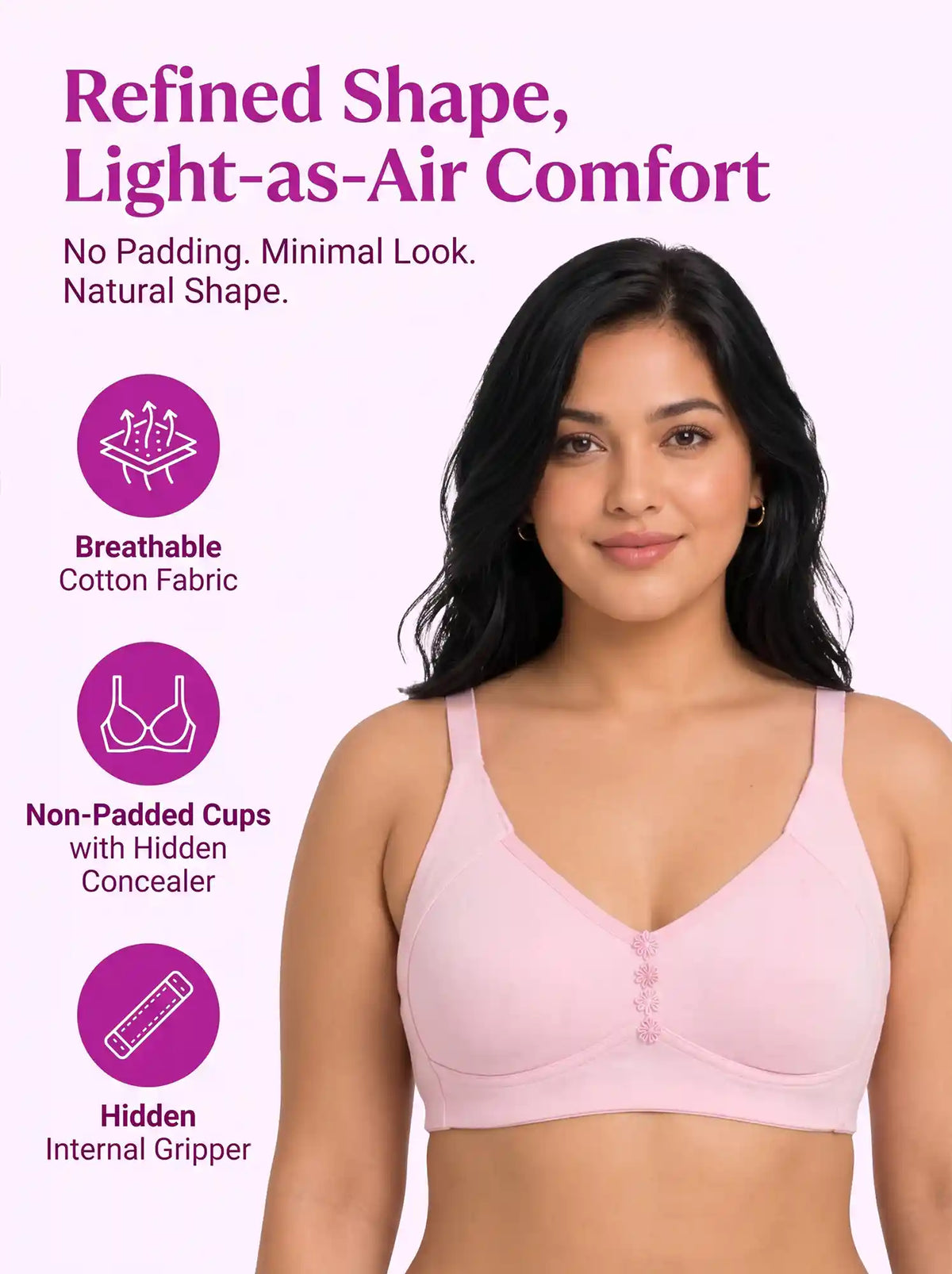 Cotton Non-Padded Plus-Size M-Frame Minimiser Bonded Bra (SUS-405)(Pink)