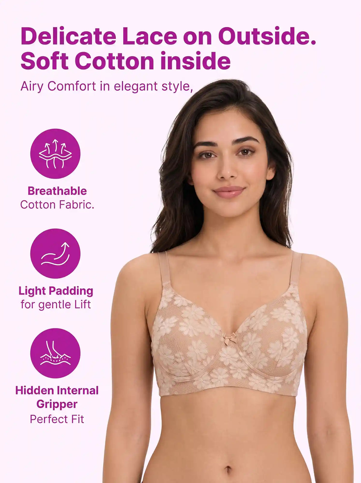 Cotton Padded Bonded Lace Bra | Inner Cotton Lining | Full Coverage | Wire-free Comfort (SUS-SB-58012) (Skin)