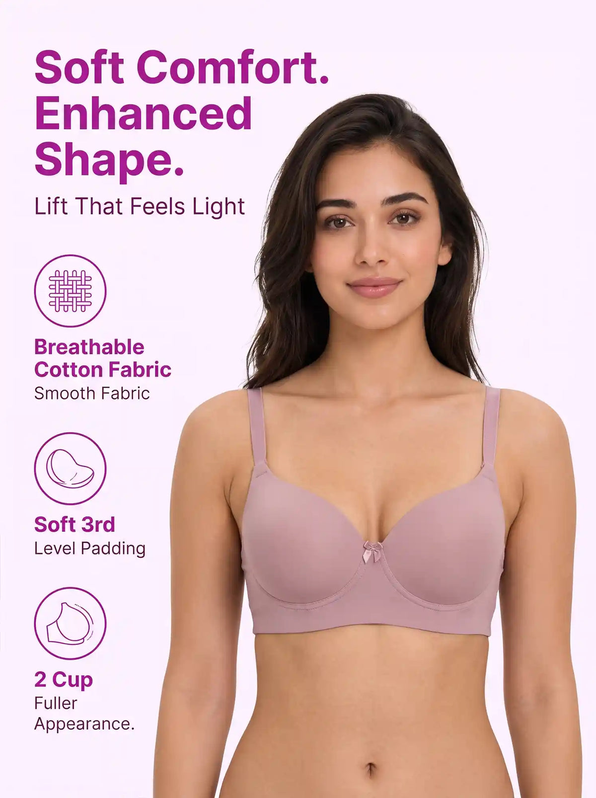Polyamide Level-3 Padded Push-Up Bonded Bra | 3/4th Coverage | Wire-free Comfort, No Marks, No Rashes (SUS-IS-5301) (Plum)