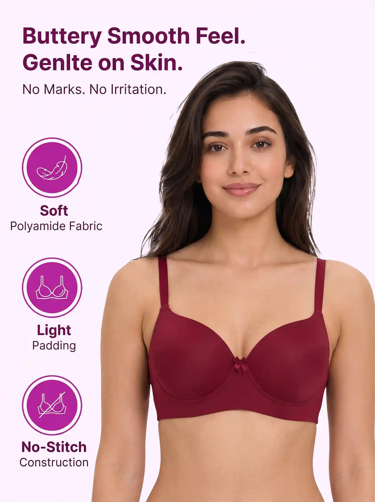 Polyamide Level-1 Padded Full Coverage Bonded T-Shirt Bra | Wire-free Comfort, No-Marks, No Rashes (SUS-5991) (Maroon)