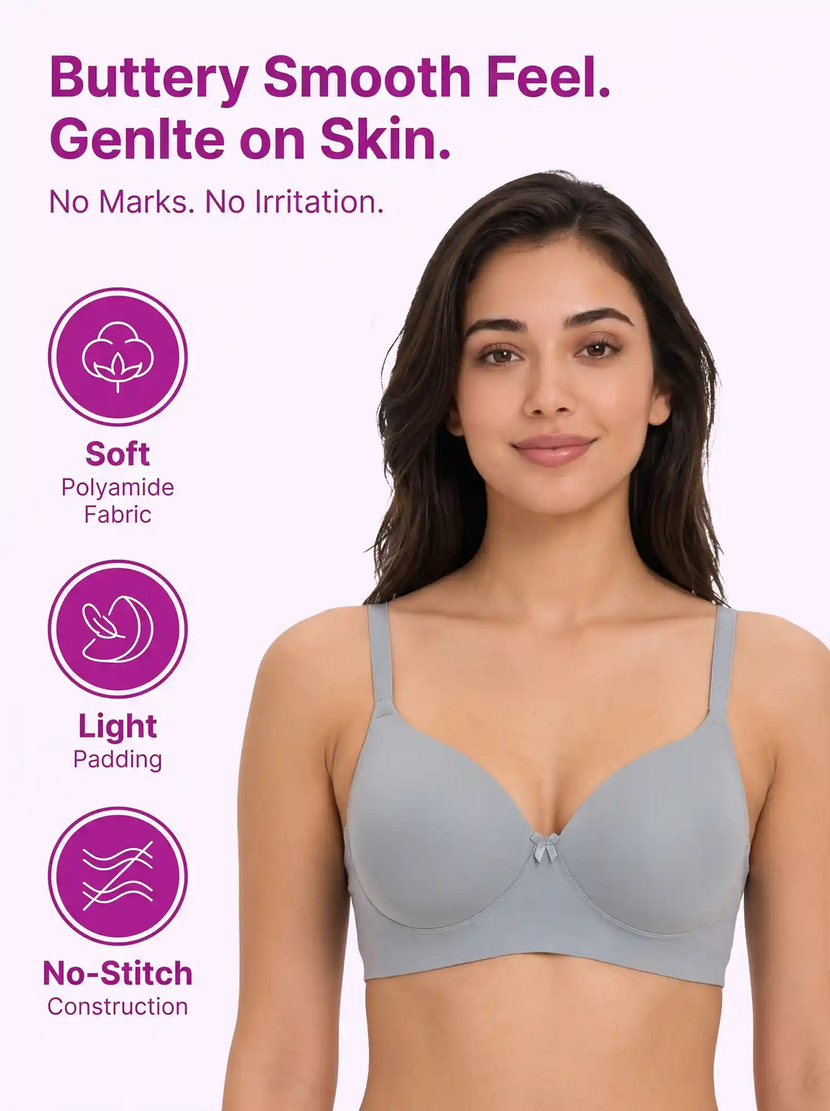 Polyamide Level-1 Padded Full Coverage Bonded T-Shirt Bra | Wire-free Comfort, No-Marks, No Rashes (SUS-5991) (Grey)