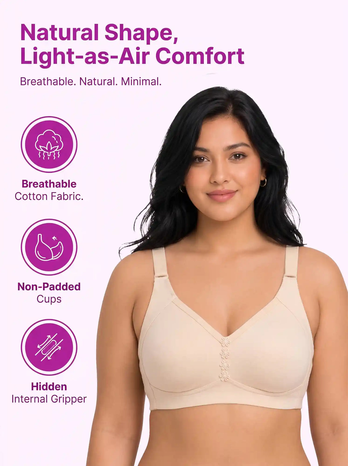 Cotton Non-Padded M-Frame Minimiser Bonded Bra | Full Coverage | Wire-free Seamless Comfort  (SUS-CT-4005) (Beige)