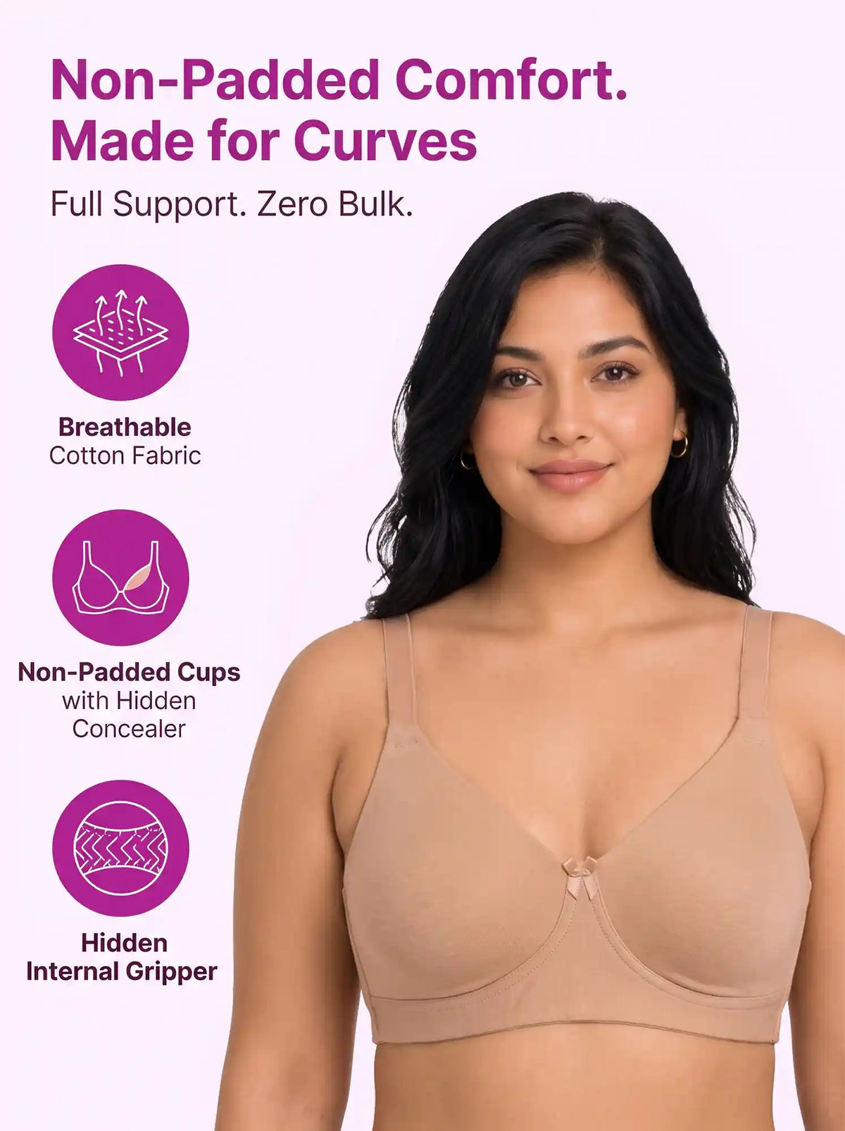 Cotton Non-Padded Plus-Size Full Coverage Bonded Bra | Broad Straps | Hidden Concealer (SUS-401) (Fawn)