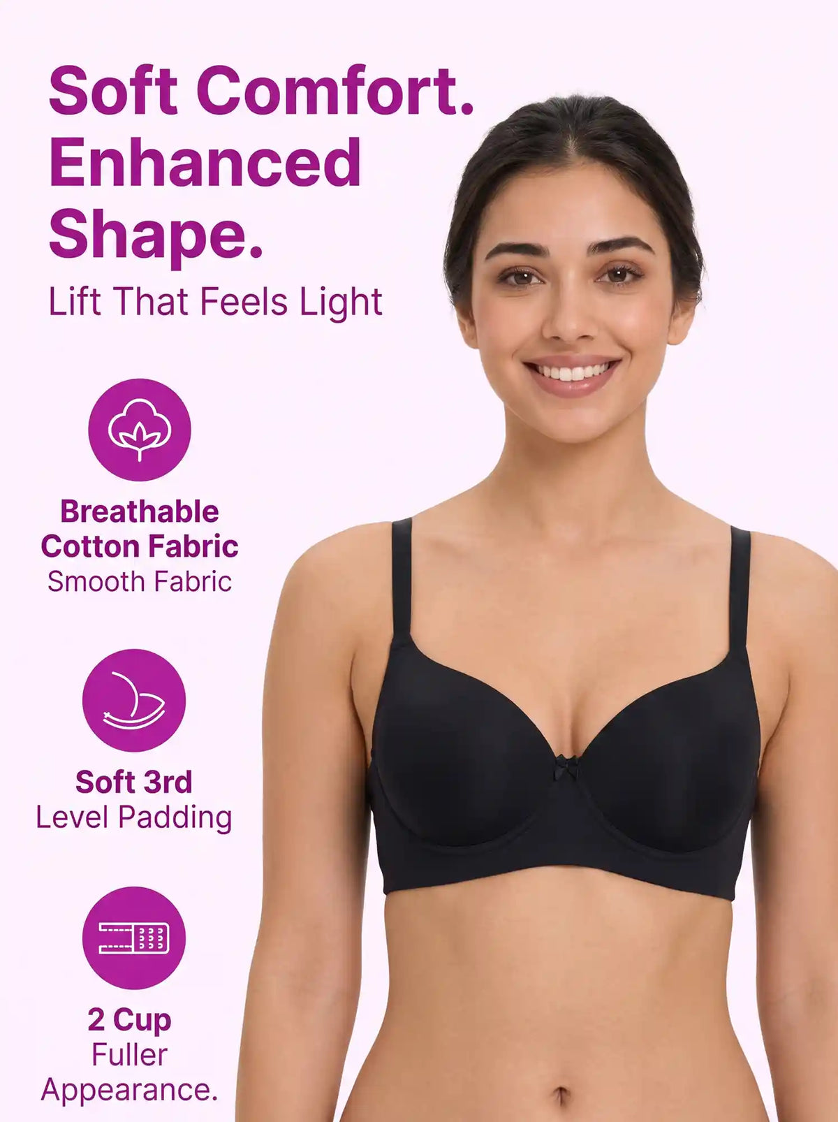 Polyamide Level-3 Padded Push-Up Bonded Bra | 3/4th Coverage | Wire-free Comfort, No Marks, No Rashes (SUS-IS-5301) (Black)