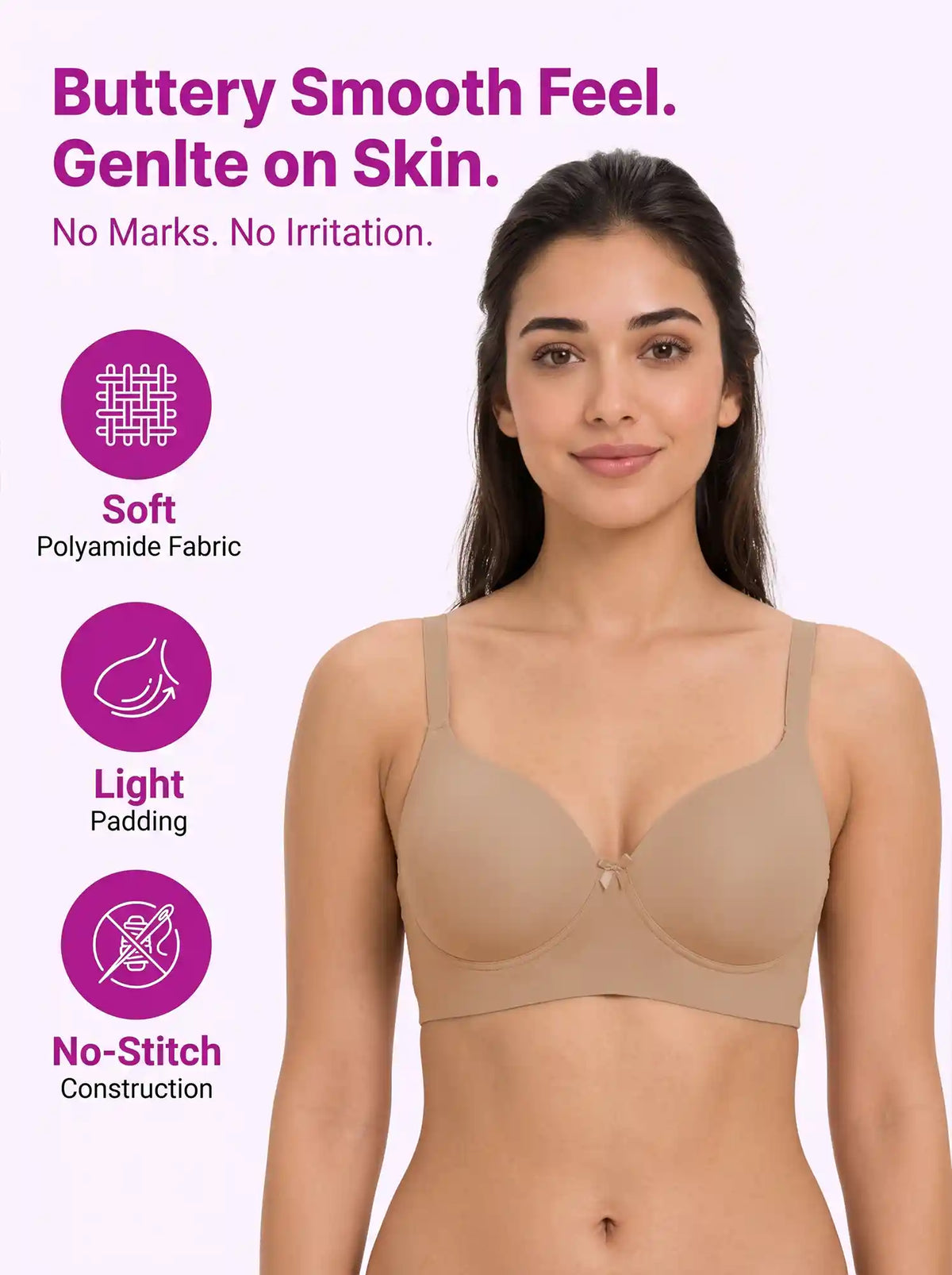 Polyamide Level-1 Padded Full Coverage Bonded T-Shirt Bra | Wire-free Comfort, No-Marks, No Rashes (SUS-5991) (Fawn)