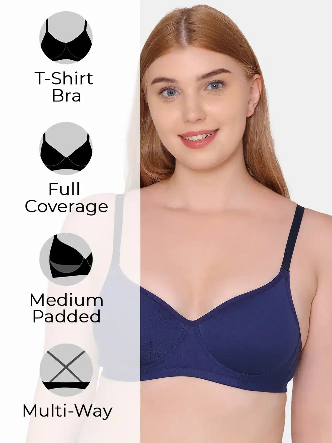 Sushme Beginners Sports Bra - Non Padded - Racer Back - Broad Strap - Full Coverage - Wirefree, Seamless T-Shirt Bra (Sushme 1301-NBLU)