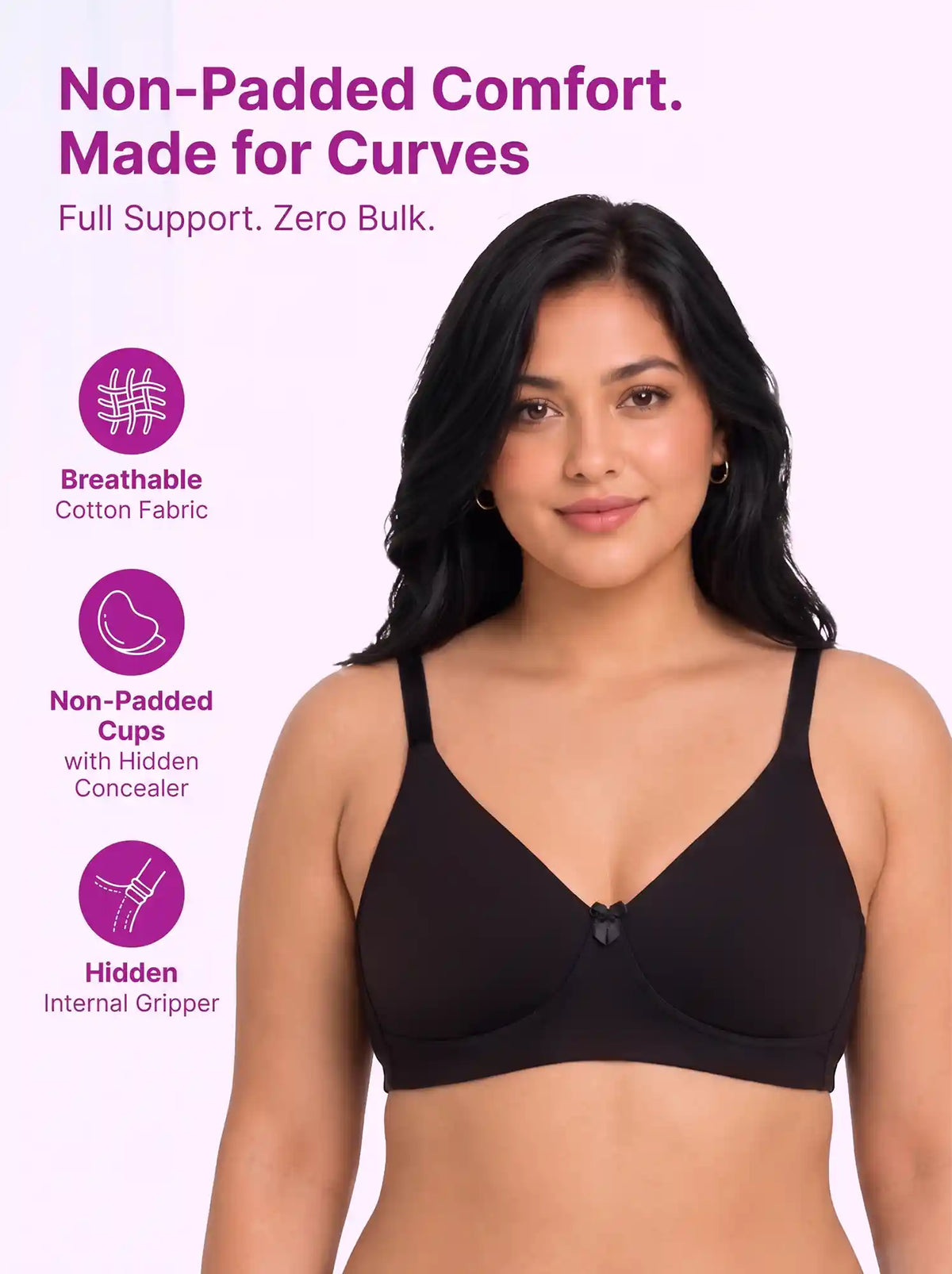 Cotton Non-Padded Plus-Size Full Coverage Bonded Bra | Broad Straps | Hidden Concealer (SUS-401) (Black)