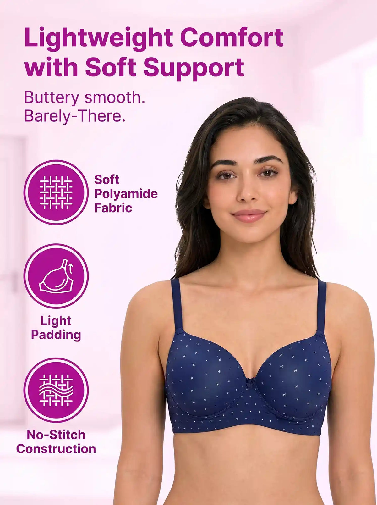 Printed Polyamide Padded Bonded T-Shirt Bra | Full Coverage | Wire-free | Seamless Design (SUS-59929)