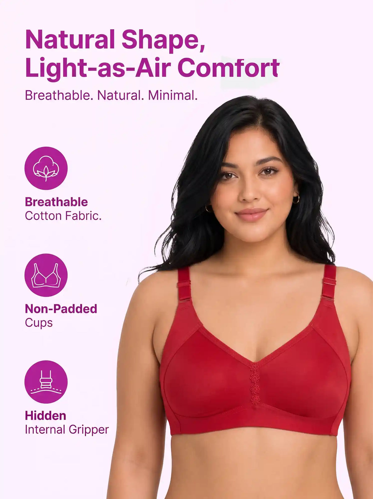 Cotton Non-Padded M-Frame Minimiser Bonded Bra | Full Coverage | Wire-free Seamless Comfort  (SUS-CT-4005) (Red)