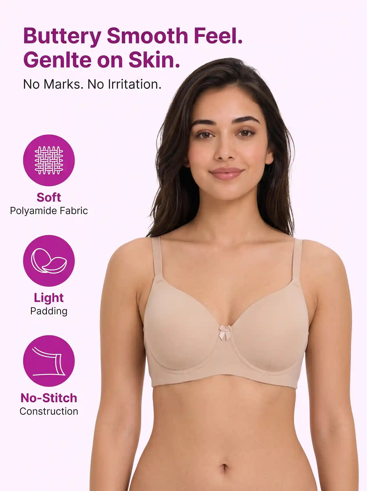 Polyamide Level-1 Padded Full Coverage Bonded T-Shirt Bra | Wire-free Comfort, No-Marks, No Rashes (SUS-5991) (SKIN)