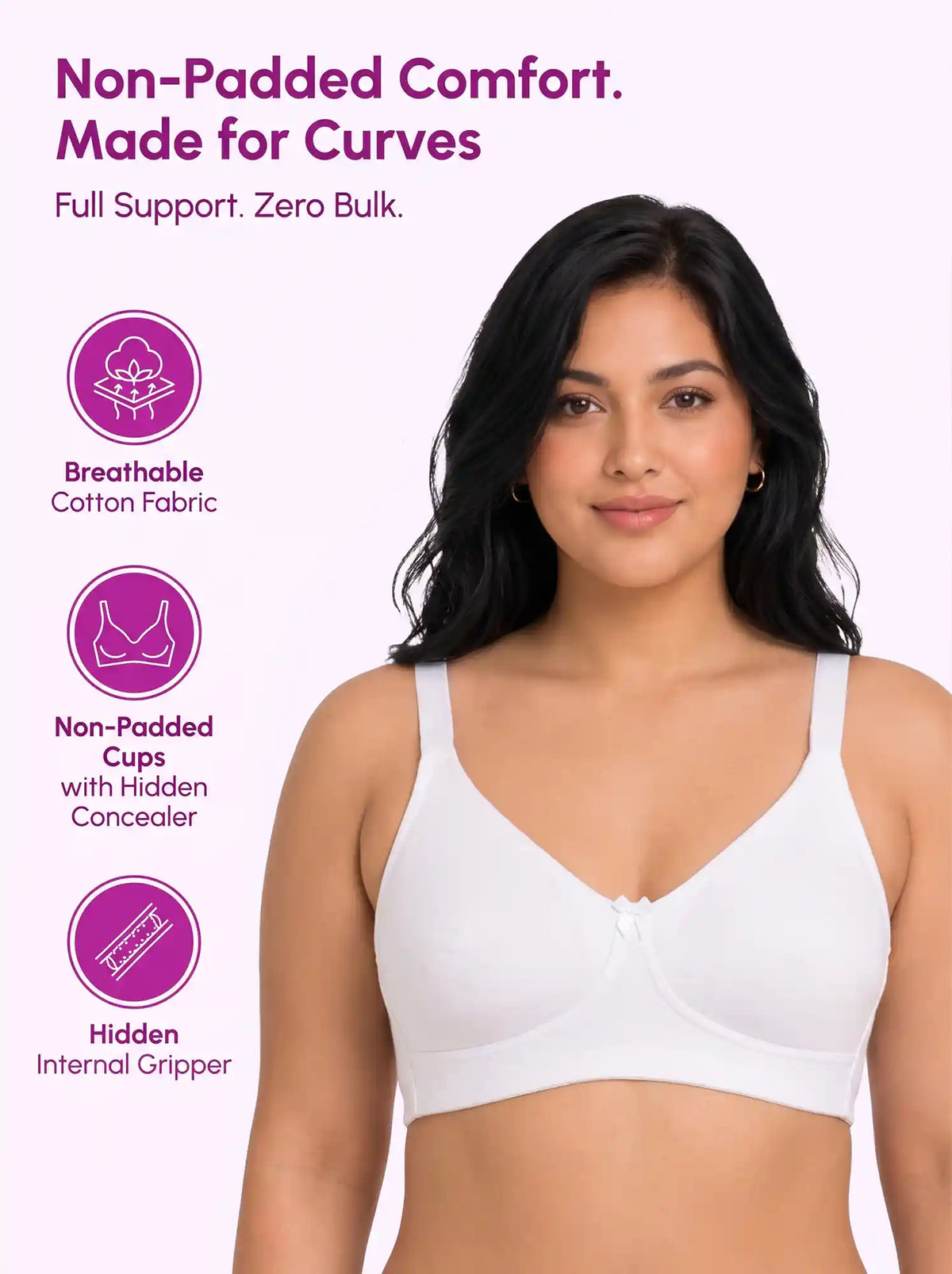 Cotton Non-Padded Plus-Size Full Coverage Bonded Bra | Broad Straps | Hidden Concealer (SUS-401) (White)
