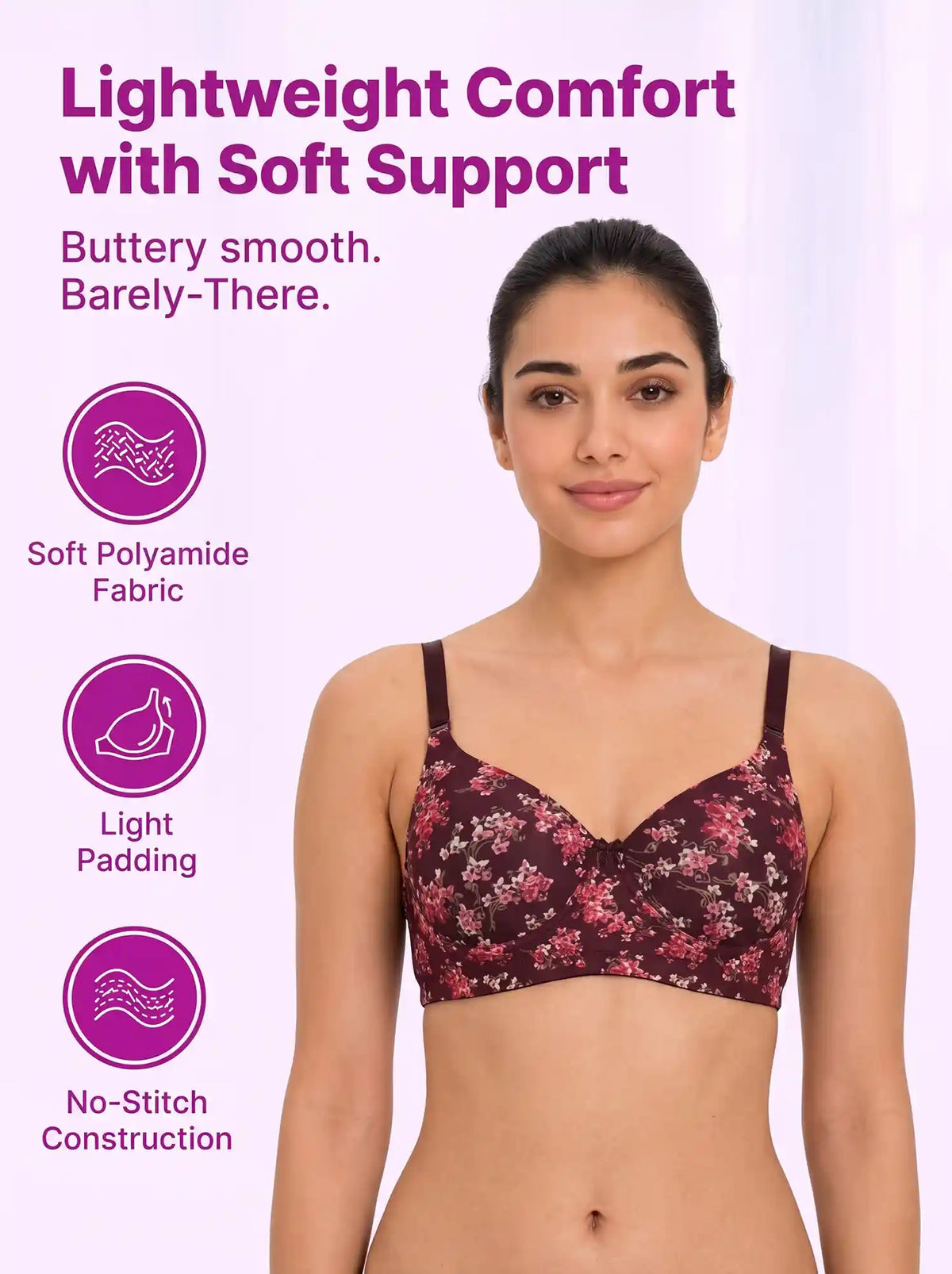Printed Polyamide Padded Bonded T-Shirt Bra | Full Coverage | Wire-free | Seamless Design (SUS-59935)