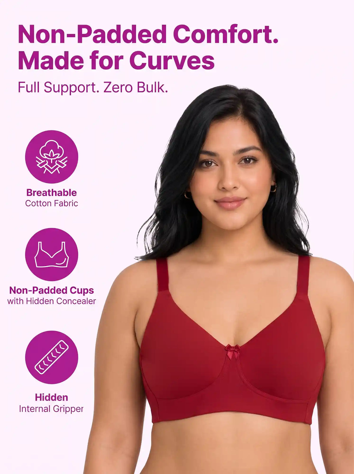 Cotton Non-Padded Plus-Size Full Coverage Bonded Bra | Broad Straps | Hidden Concealer (SUS-401) (Red)
