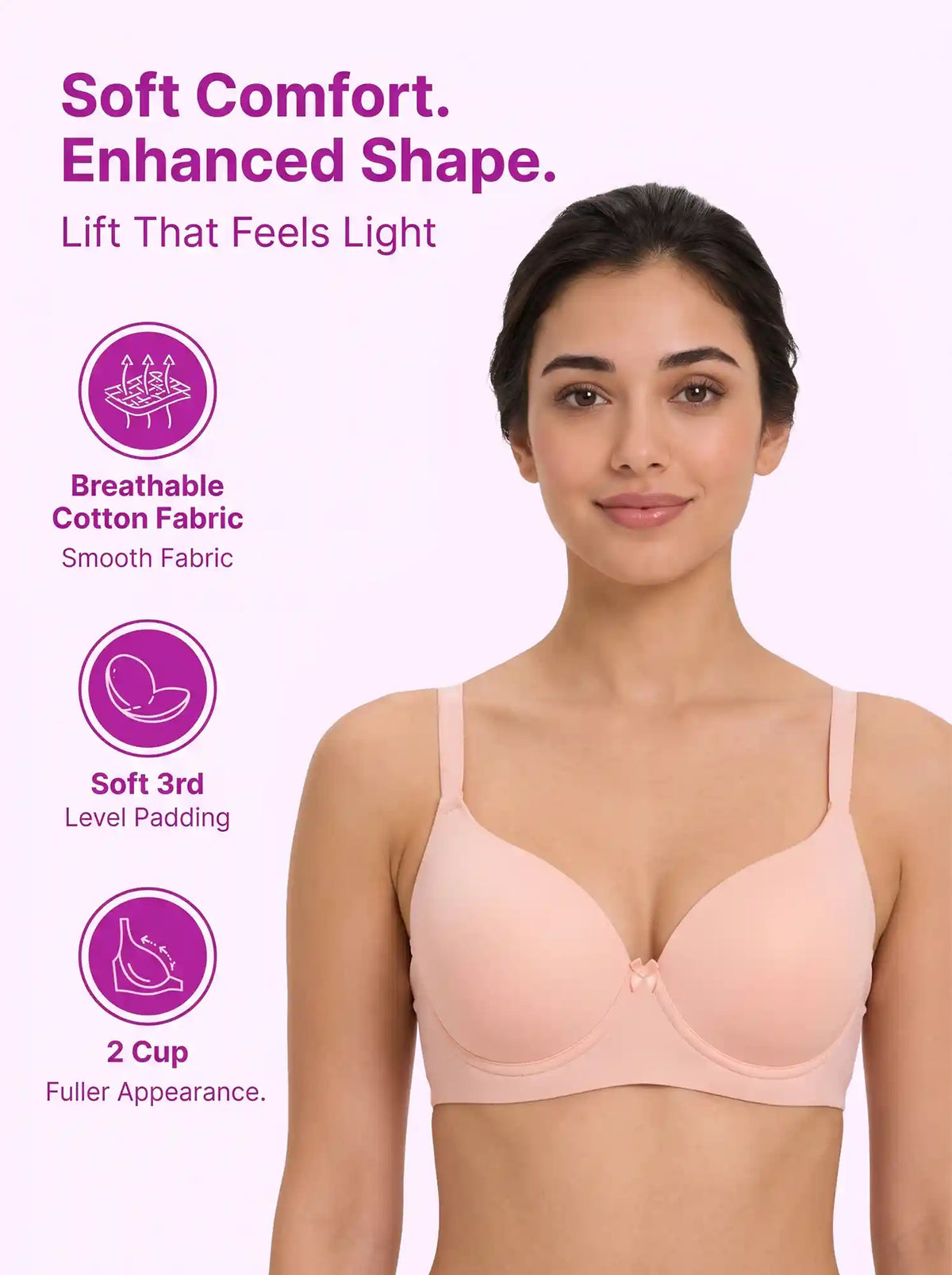 Polyamide Level-3 Padded Push-Up Bonded Bra | 3/4th Coverage | Wire-free Comfort, No Marks, No Rashes (SUS-IS-5301) (Peach)