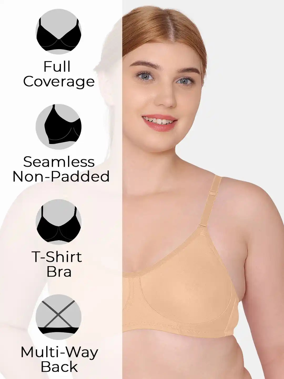 Sushme Non Padded Uniform Bra - Cotton Rich Fabric - Full Coverage, Multiway Straps, Wirefree, Seamless T-Shirt Bra (Sushme-253-SK)
