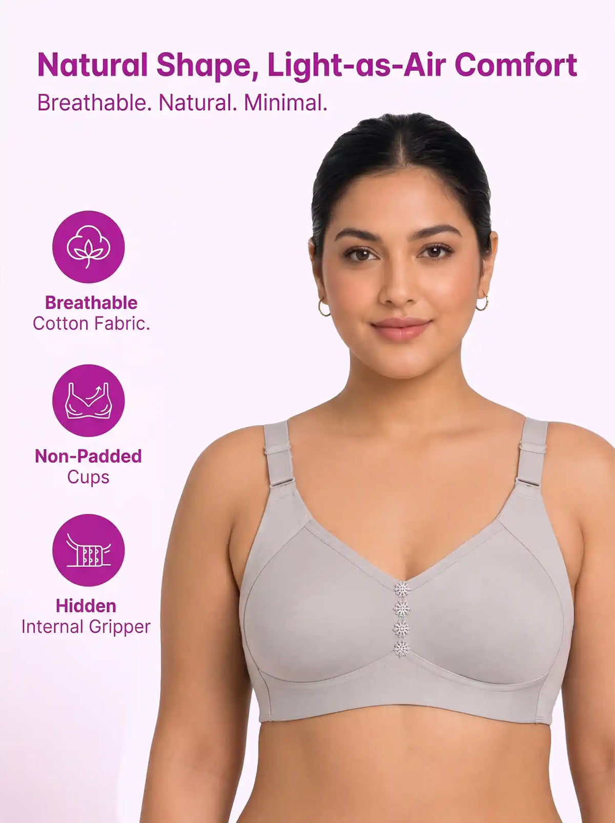 Cotton Non-Padded M-Frame Minimiser Bonded Bra | Full Coverage | Wire-free Seamless Comfort  (SUS-CT-4005) (Grey)