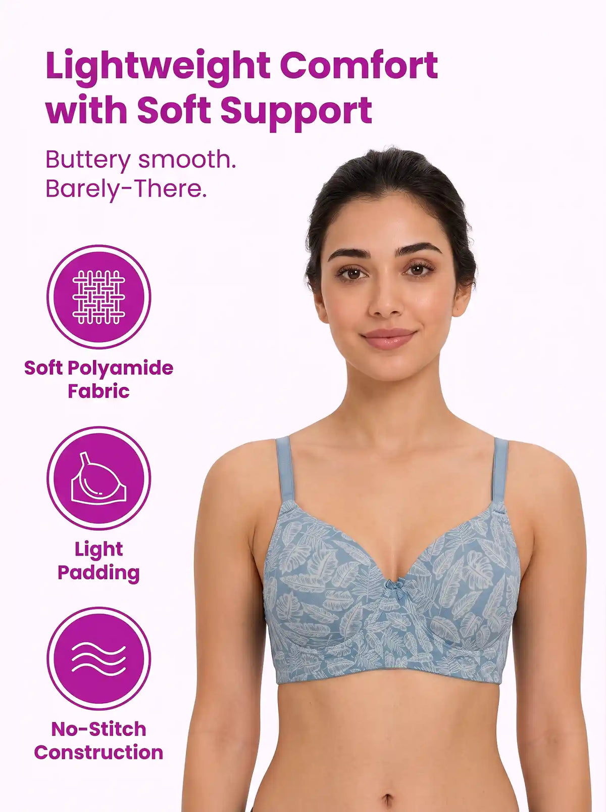 Printed Polyamide Padded Bonded T-Shirt Bra | Full Coverage | Wire-free | Seamless Design (SUS-59933)
