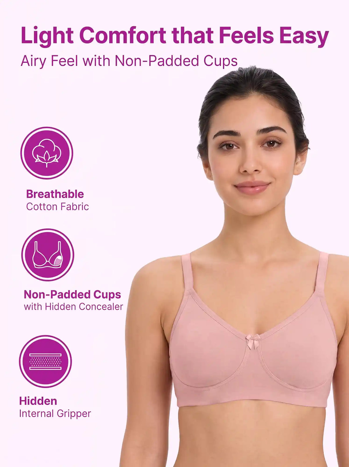 Cotton Non-Padded Full Coverage Bonded T-Shirt Bra | No-Marks, No Rashes (SUS-352) (Pink)