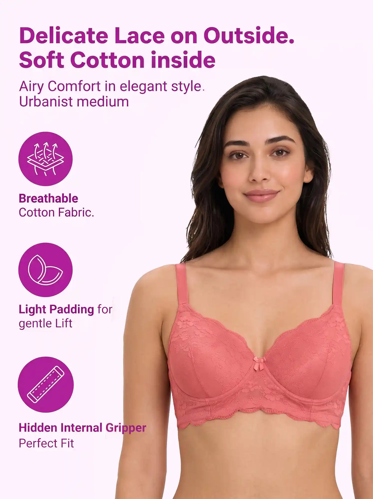 Cotton Padded Bonded Lace Bra | Inner Cotton Lining | Full Coverage | Wire-free Comfort (SUS-SB-5803) (Coral)