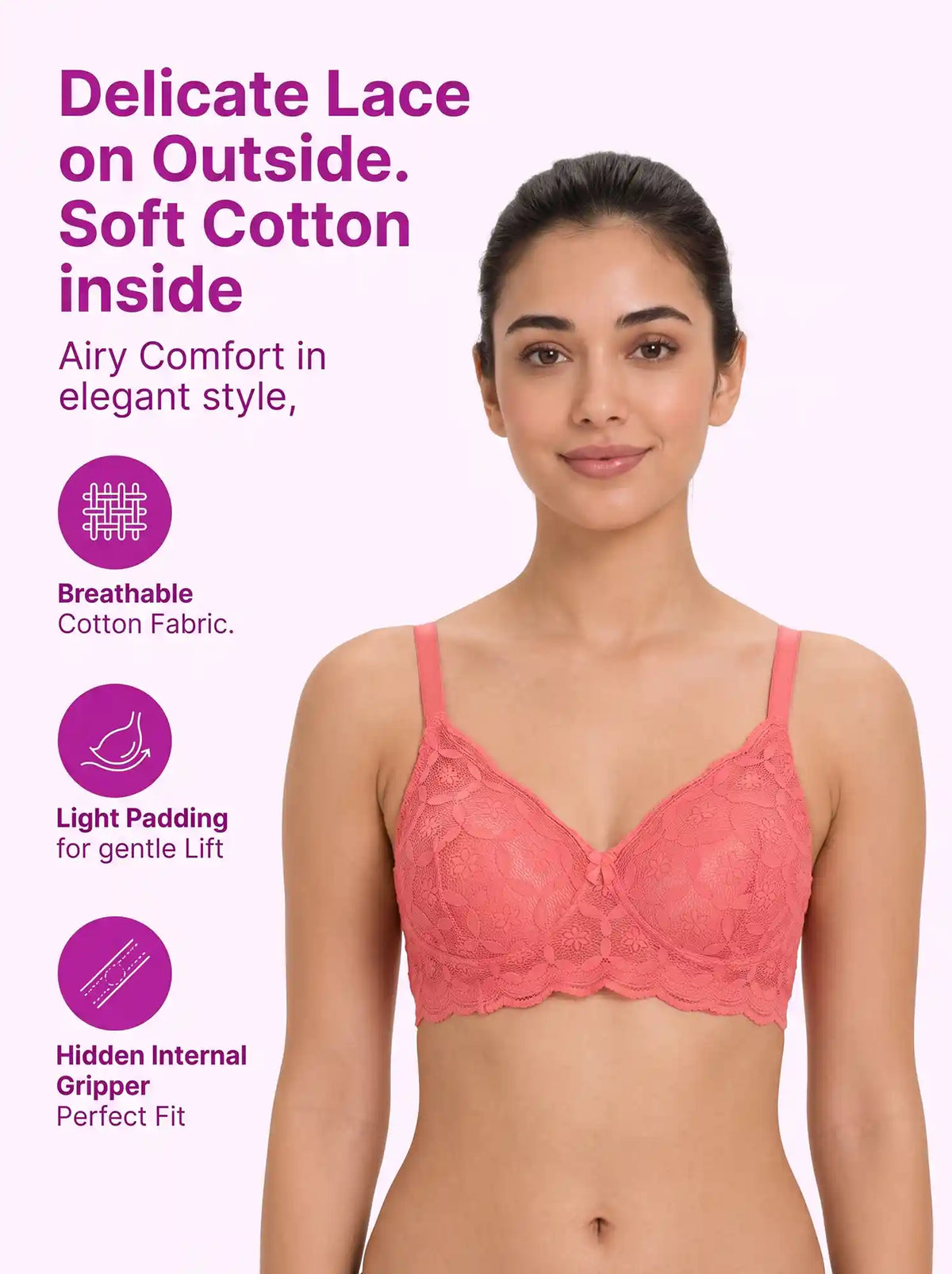 Cotton Padded Bonded Lace Bra | Inner Cotton Lining | Full Coverage | Wire-free Comfort (SUS-SB-5804) (Coral)
