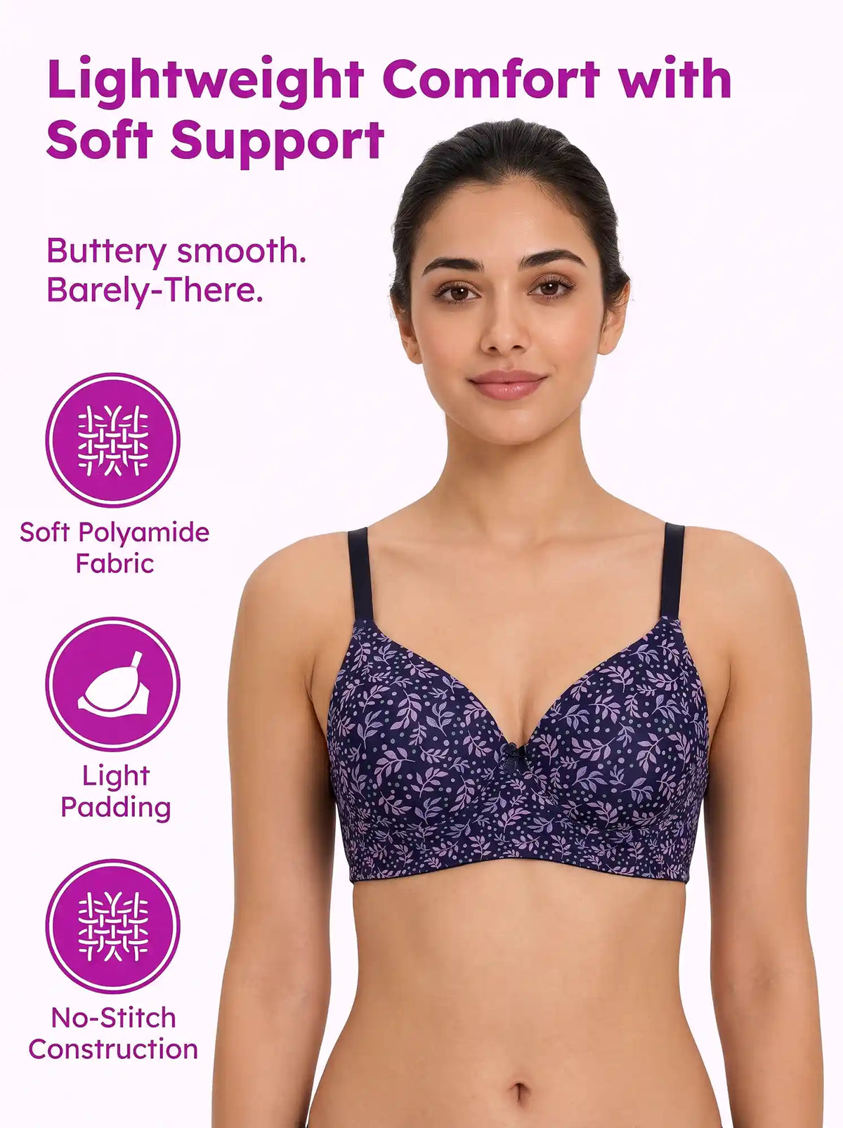 Printed Polyamide Padded Bonded T-Shirt Bra | Full Coverage | Wire-free | Seamless Design (SUS-59928)