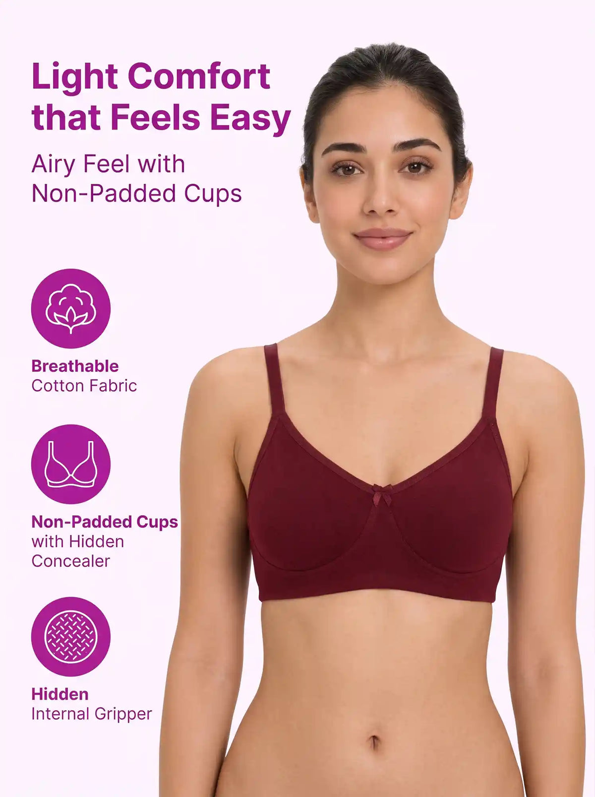 Cotton Non-Padded Full Coverage Bonded T-Shirt Bra | No-Marks, No Rashes (SUS-352) (Wine)