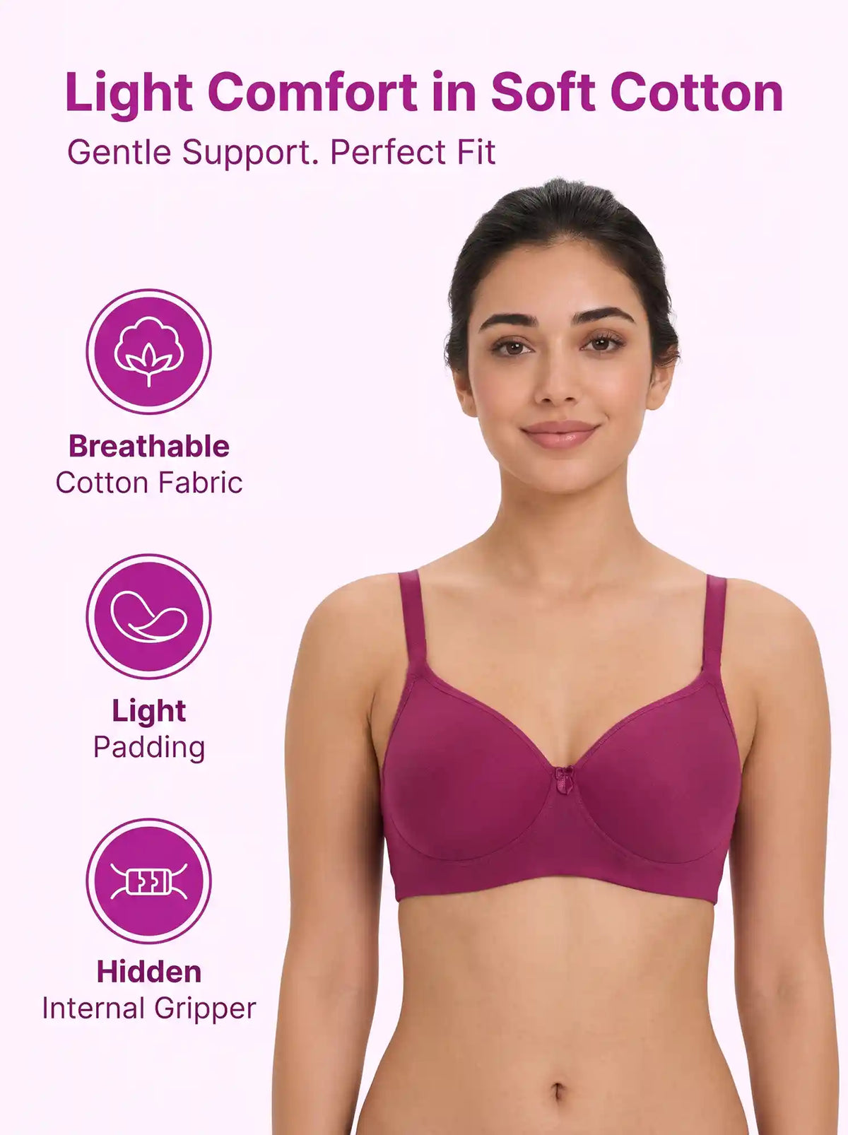 Cotton Padded Full Coverage Bonded T-Shirt Bra | No-Marks, No Rashes (SUS-1013)(Magenta)