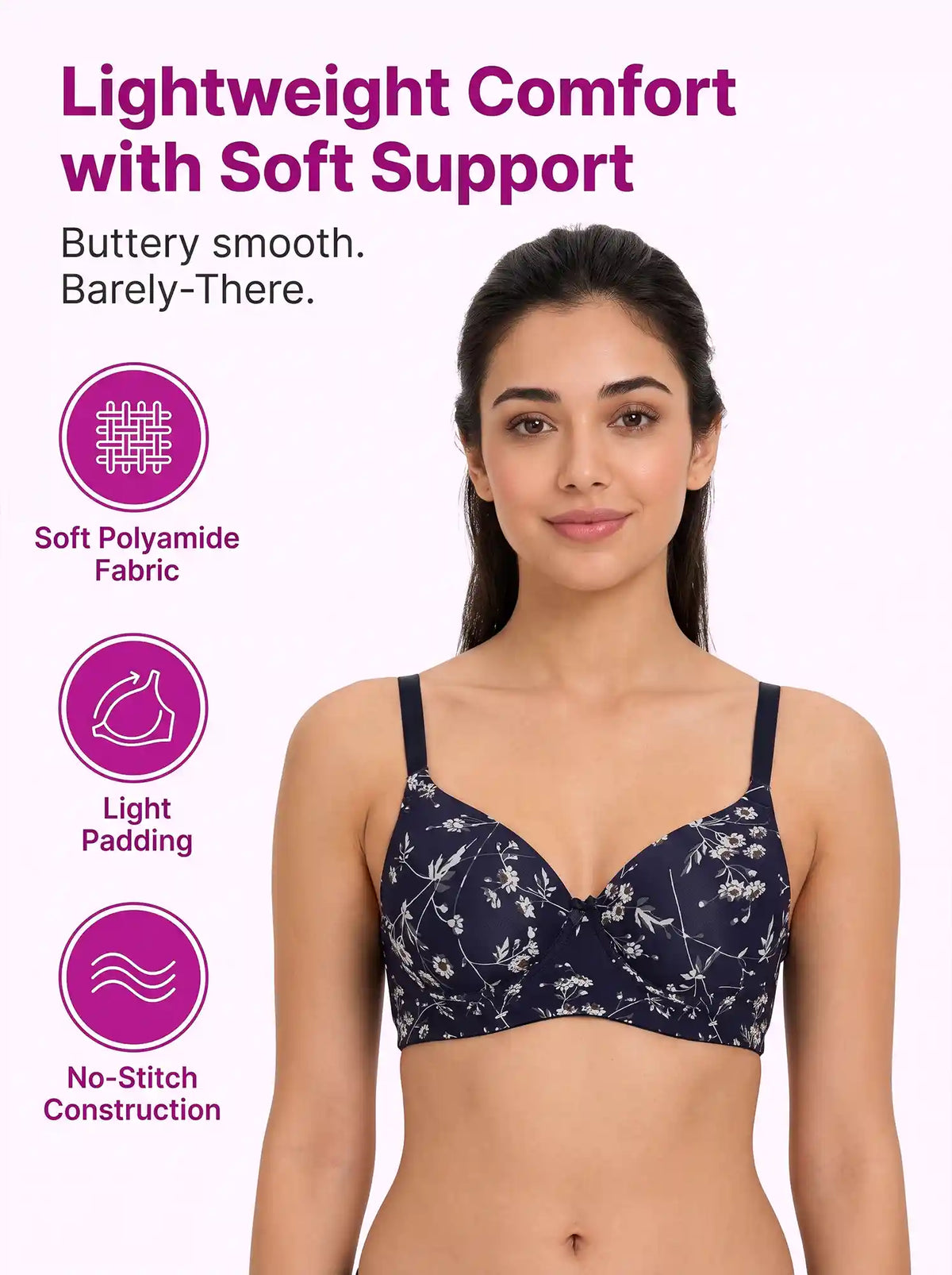 Printed Polyamide Padded Bonded T-Shirt Bra | Full Coverage | Wire-free | Seamless Design (SUS-59934)