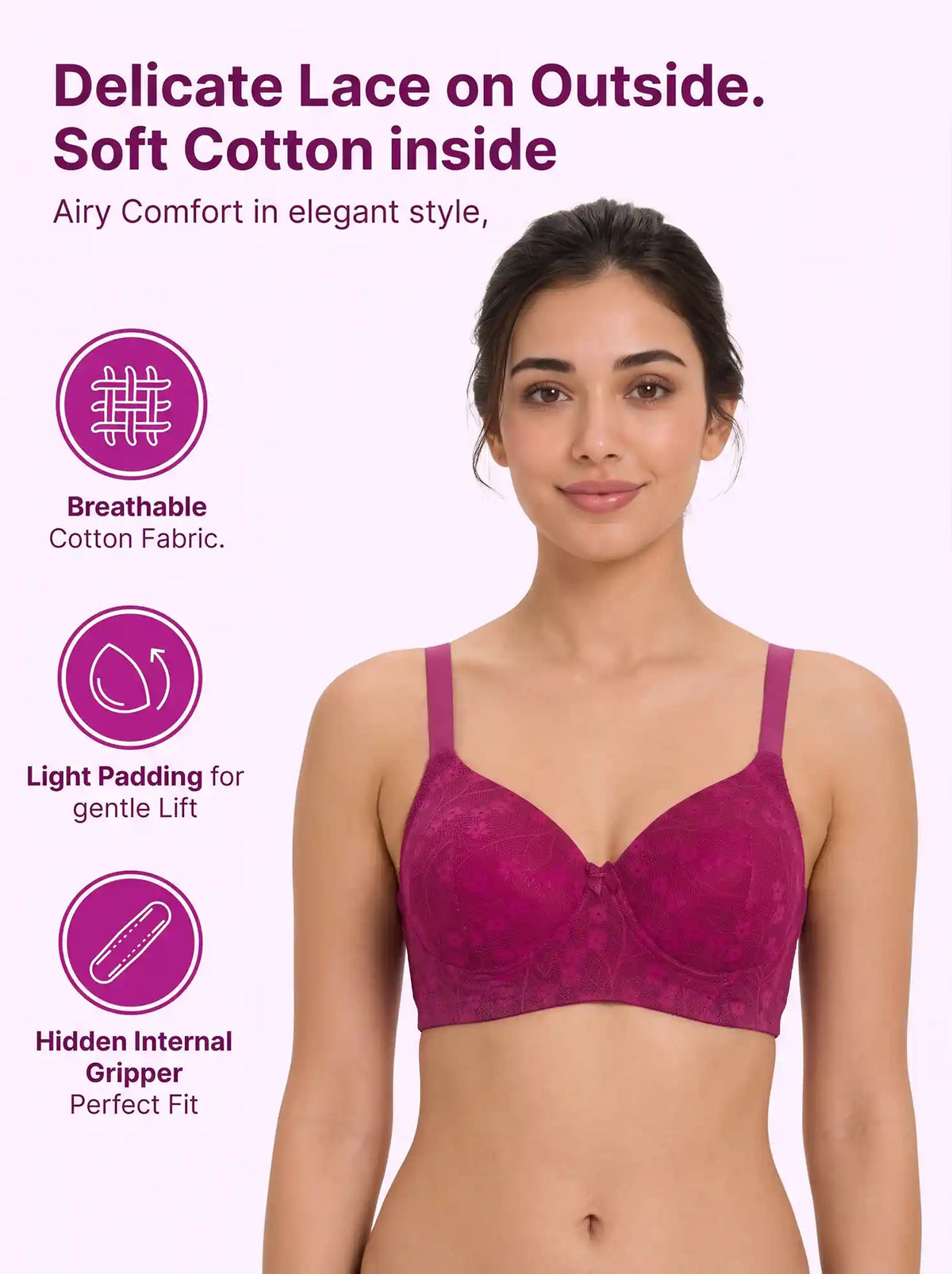 Cotton Padded Bonded Lace Bra | Inner Cotton Lining | Full Coverage | Wire-free Comfort (SUS-SB-58011) (WIne)