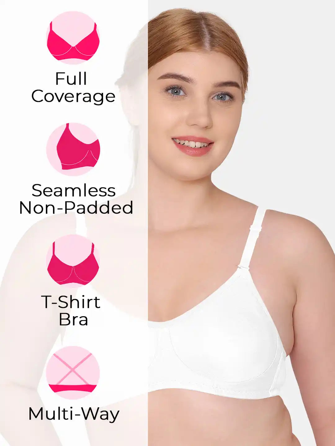 Sushme Non Padded Single Hook Bra - Cotton Rich Fabric - Full Coverage, Multiway Straps, Wirefree, Seamless T-Shirt Bra (Sushme-285-WH)