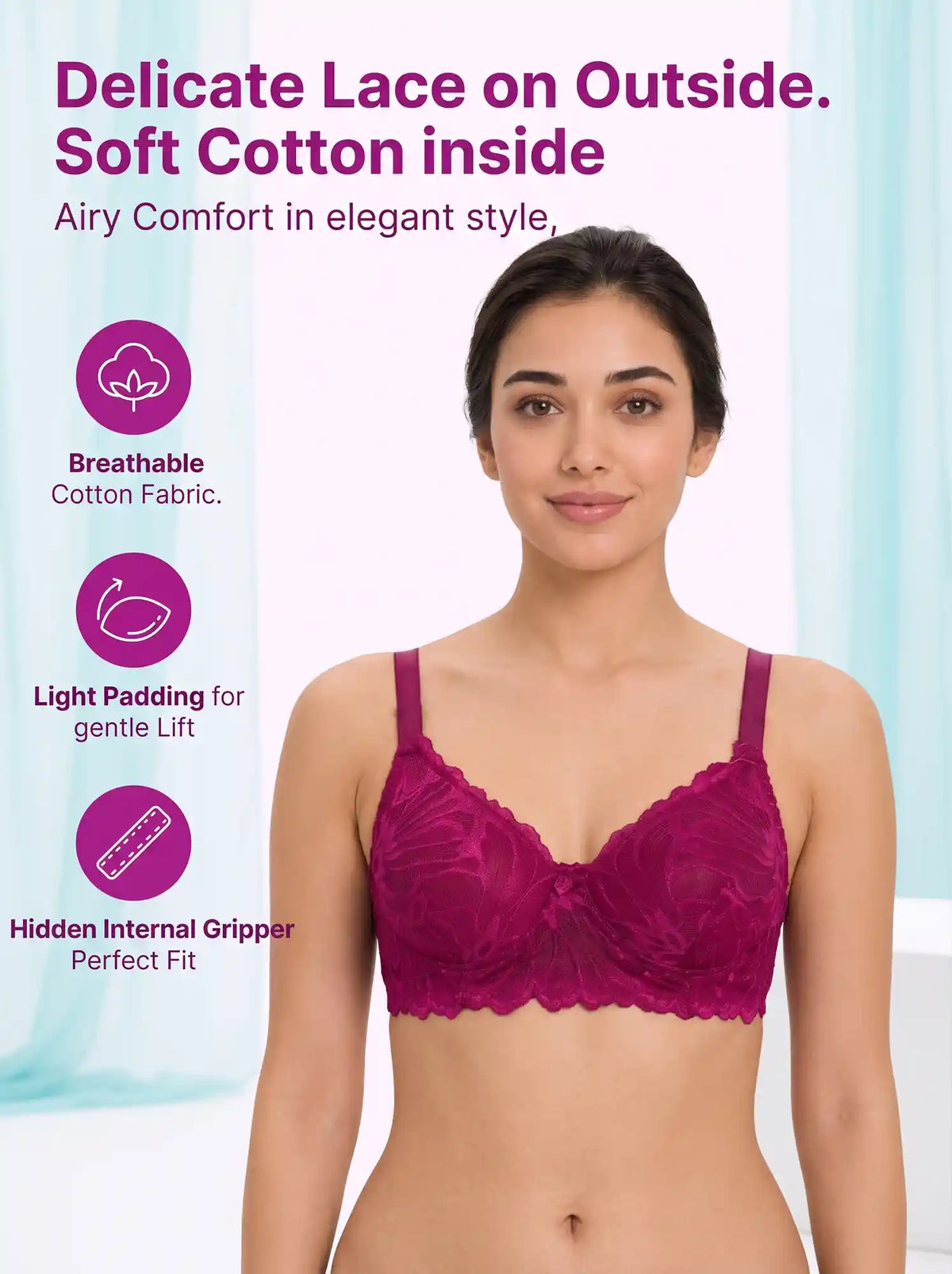 Cotton Padded Bonded Lace Bra | Inner Cotton Lining | Full Coverage | Wire-free Comfort (SUS-SB-5801) (Wine)