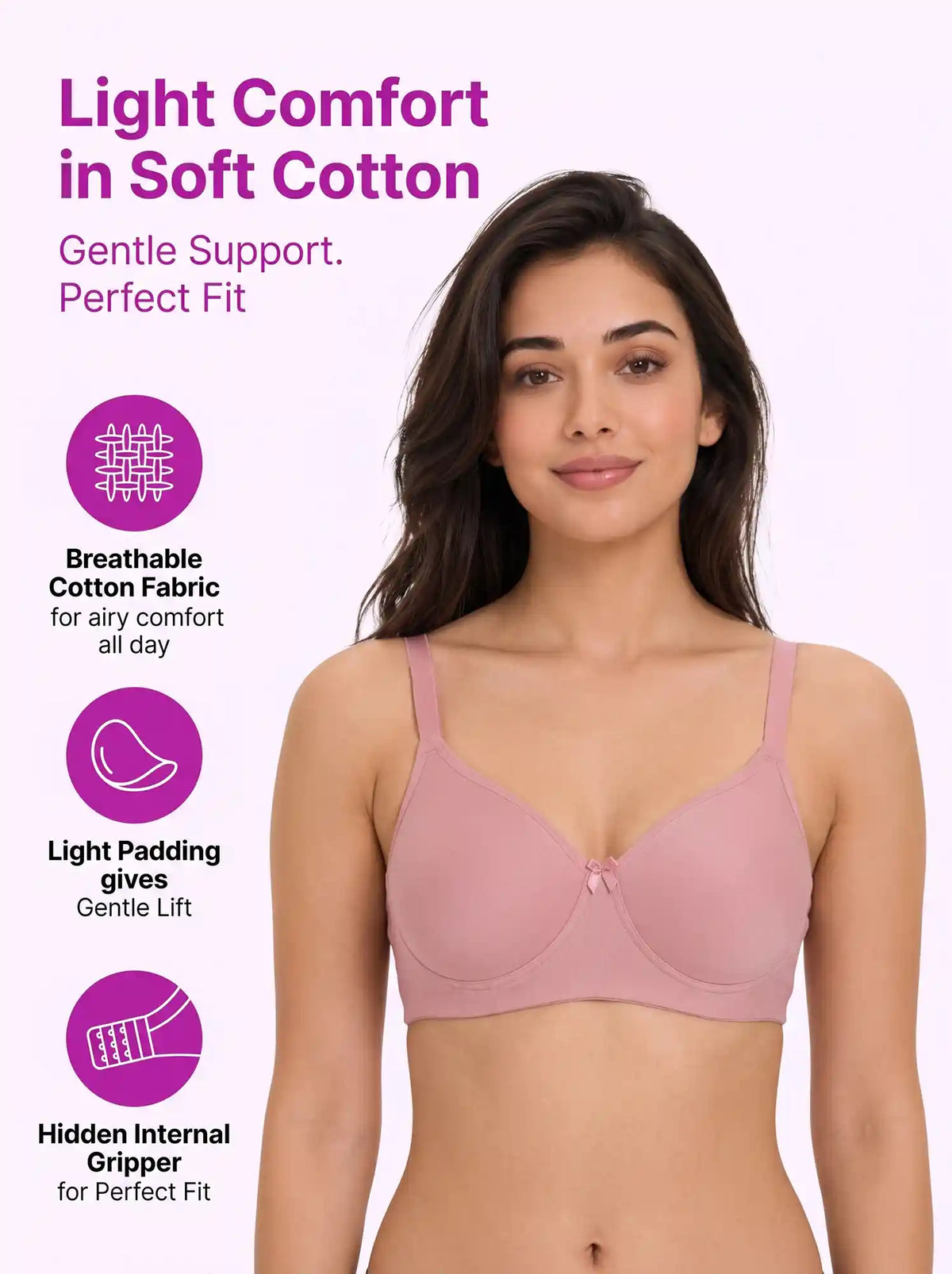Cotton Padded Full Coverage Bonded T-Shirt Bra | No-Marks, No Rashes (SUS-1013)(Plum)