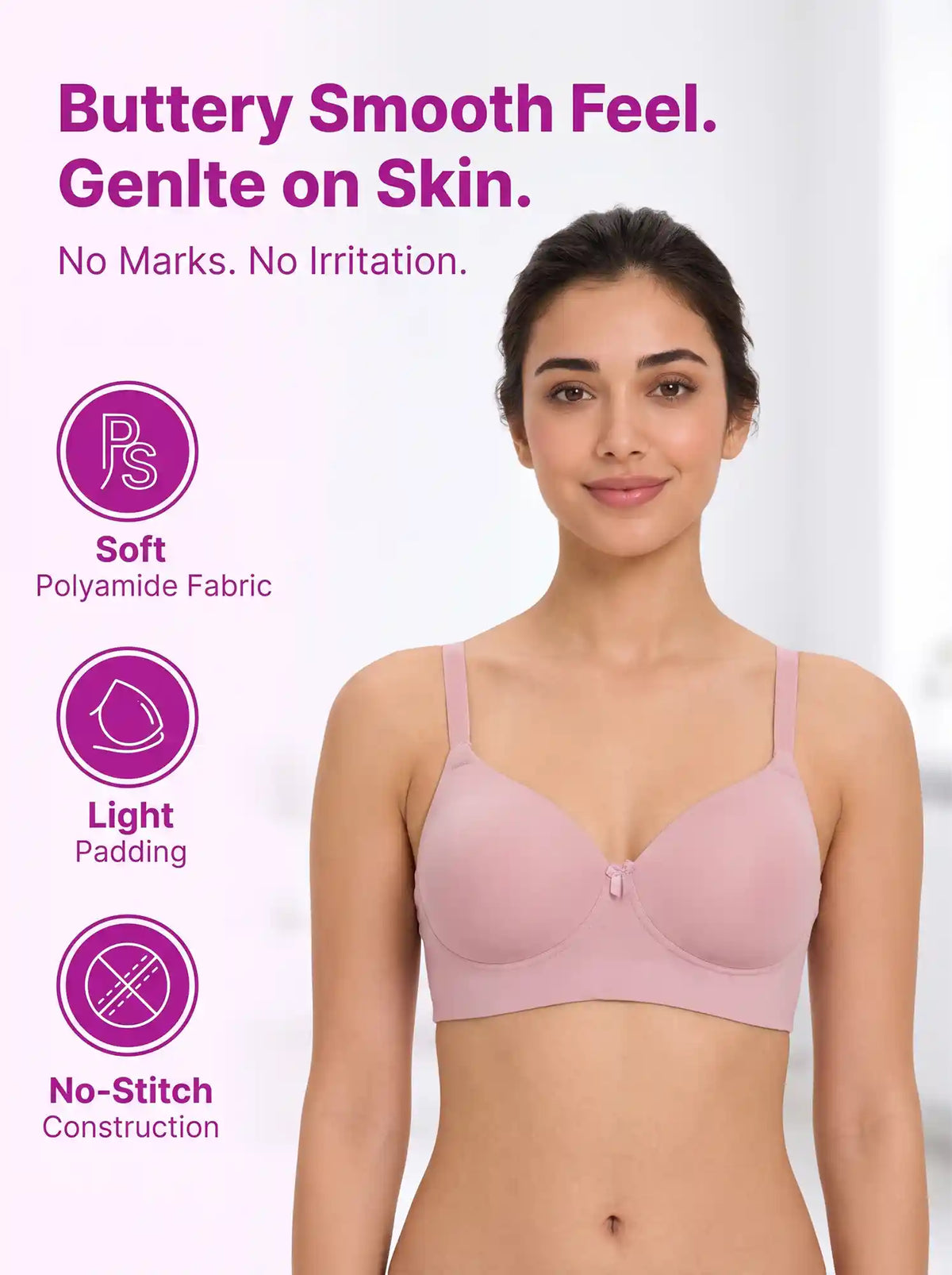 Polyamide Level-1 Padded Full Coverage Bonded T-Shirt Bra | Wire-free Comfort, No-Marks, No Rashes (SUS-5991) (Plum)