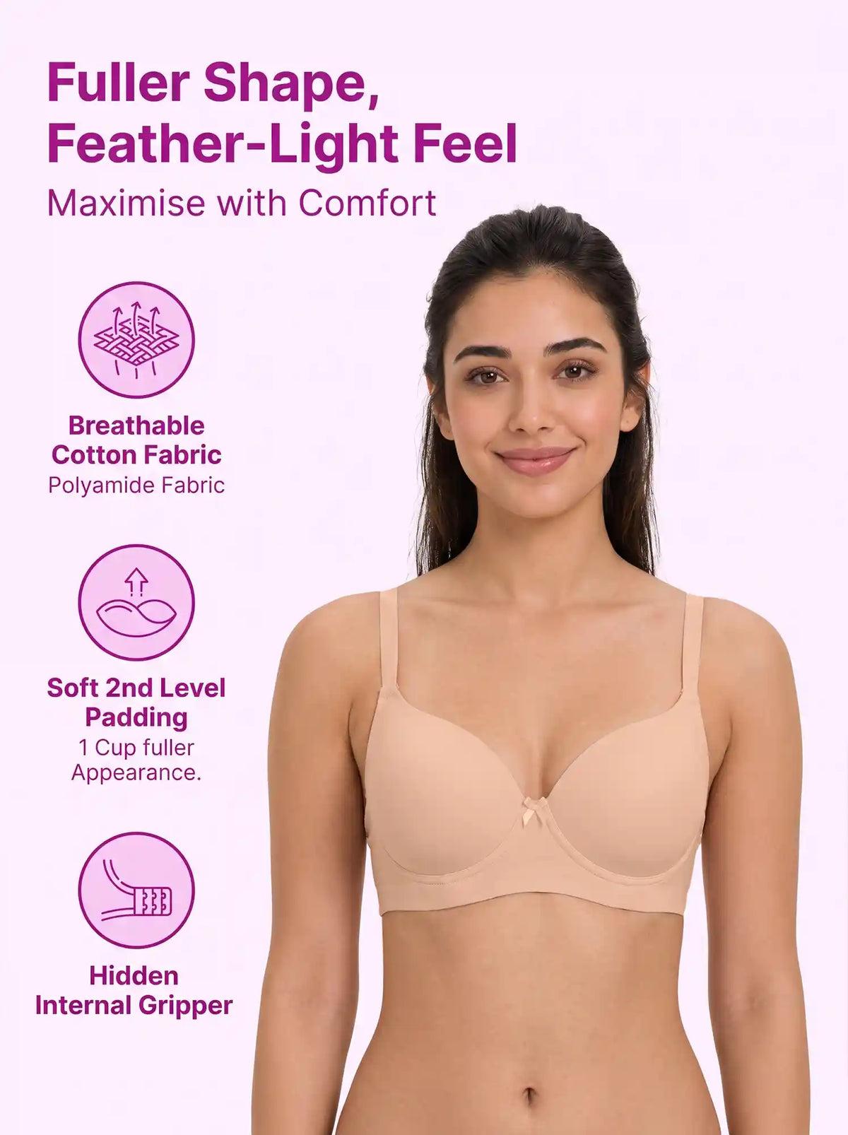Polyamide Level-2 Padded Push-Up Maximiser Bonded Bra | 3/4th Coverage | Wire-free Comfort, No Marks, No Rashes SUS-IS-5107 (Peach)